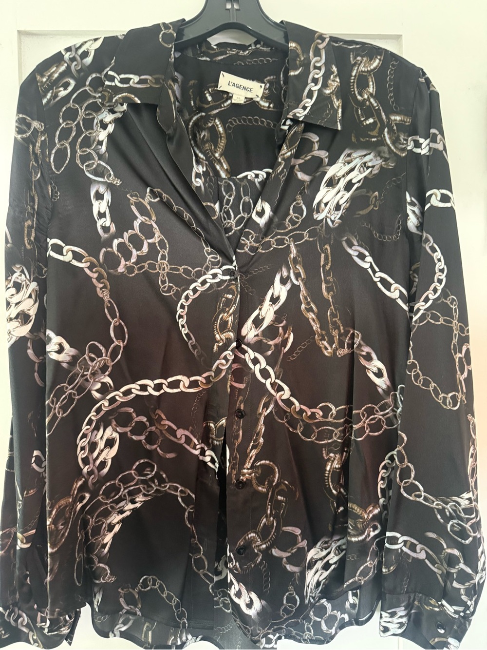 L'AGENCE Black Chain-Print Button-Front Blouse